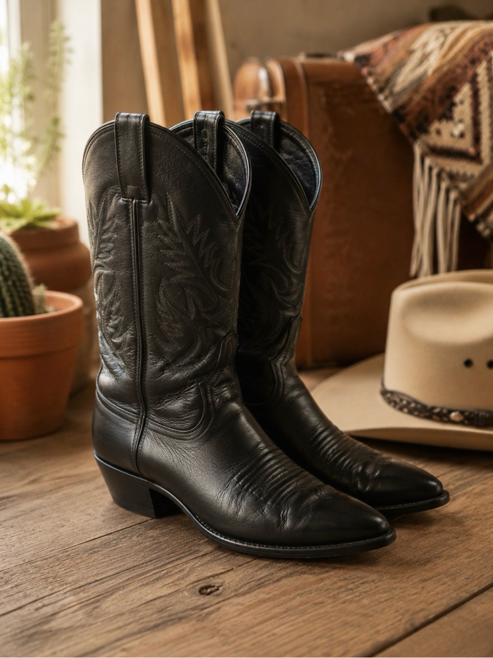 Vintage Justin USA Black Leather Cowboy Western Boots Pointed Toe Women 8C